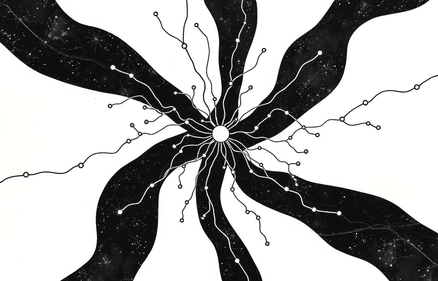 Ink illustration of a neural network with a central node and radiating connections