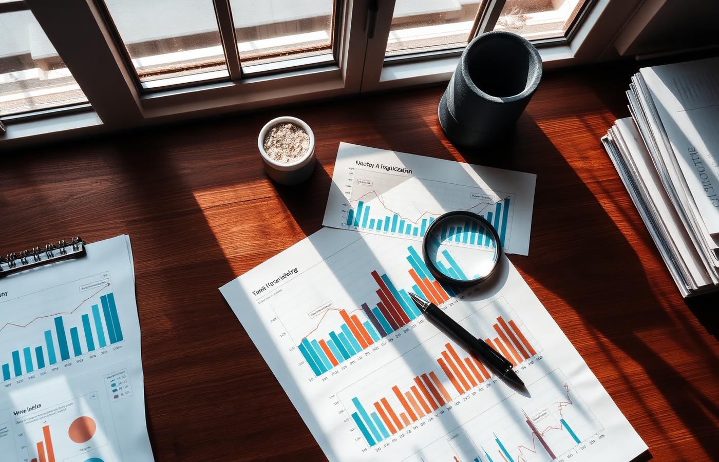 Analytics charts printed on paper with a magnifying glass on a wooden desk