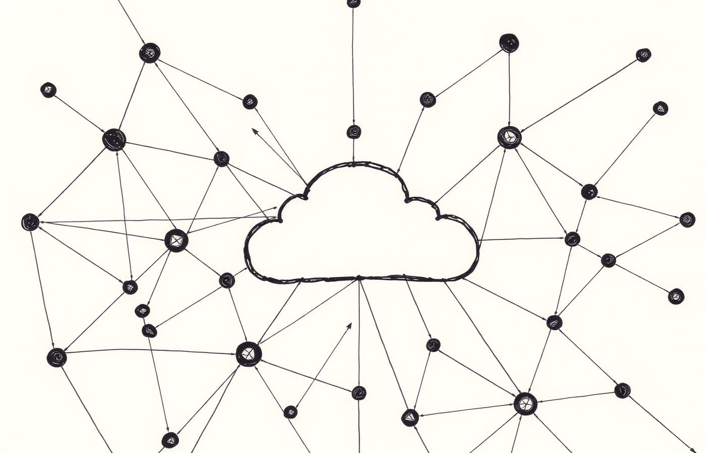 Ink diagram of a cloud infrastructure topology with interconnected nodes