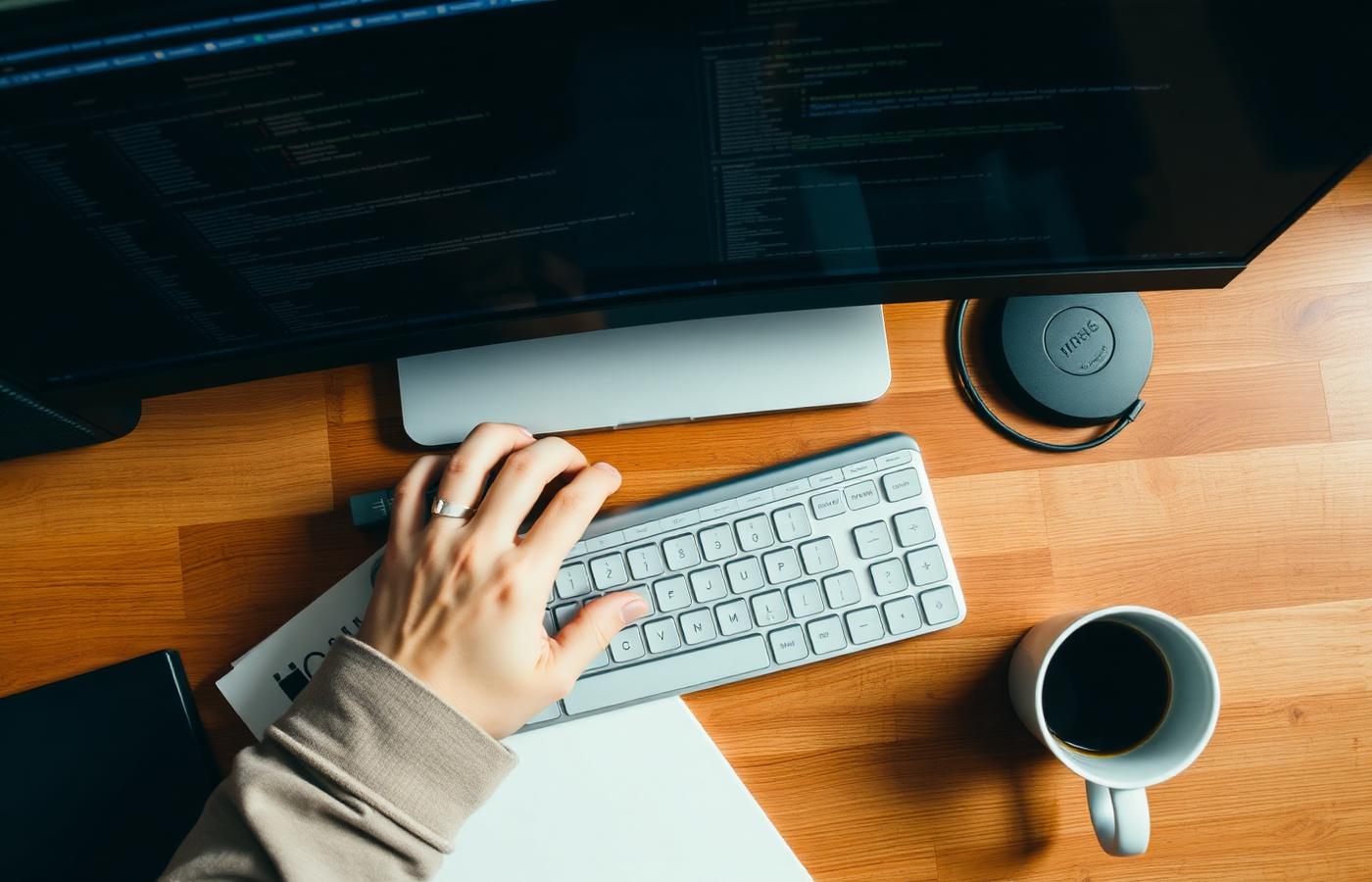 Developer's hands typing on a keyboard with a monitor showing source code