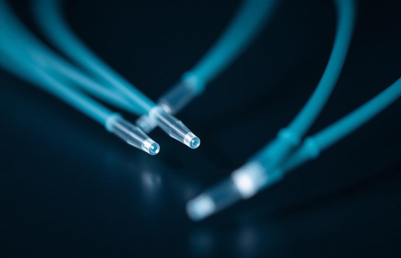 Fibre-optic cable ends glowing on a dark reflective surface