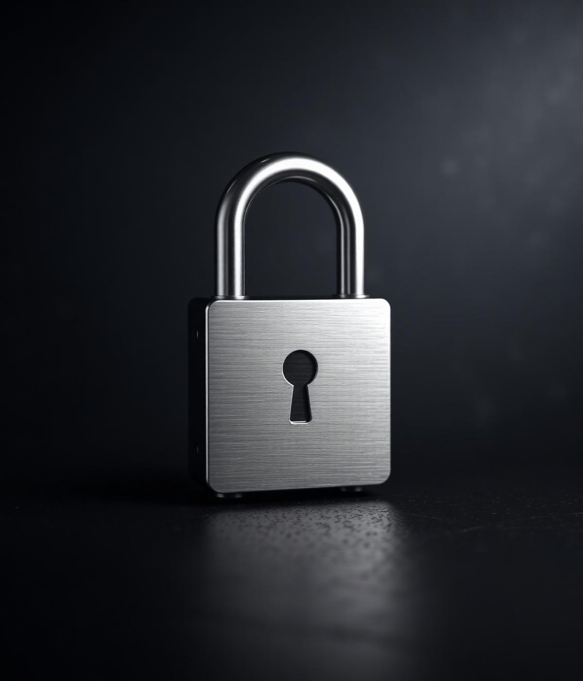 Brushed-steel padlock rendered on a dark surface, representing custody of data