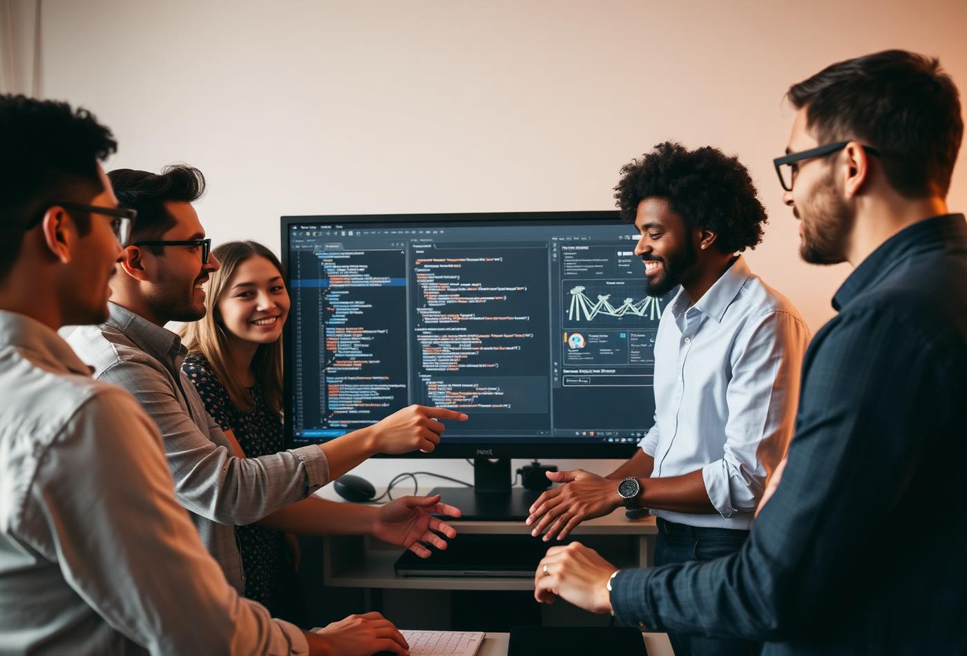 Team of engineers reviewing code and diagrams together at a shared workstation